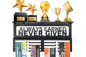 IBOBBISH Non-Slip Always Earned Never Given Medal Hanger Display Trophy Shelf,Medal Hanger Display For Wall with 4 Rows,Race Medal Display Upgraded Medal Holder Display For gymanstics,race,soccer,swim
