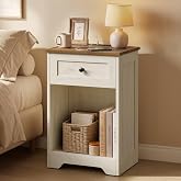 VASAGLE Nightstand with Charging Station, 1 Drawer and Open Shelf | Wood End Table, 15.7 x 11.8 x 23.2 in, Rustic White and Honey Brown, Bedroom and Living Room, SIREN Collection ULET628WJ01S