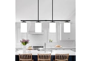 LZLDCJ 29.9'' Milk Glass Kitchen Island Light Fixtures, 4-Light Modern Dining Room Light Fixture, Black and White Pendant Lights, Linear Chandelier over Dining Table Lighting with Adjustable Rods, UL Listed