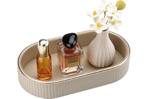 GORESE PU Leather Perfume Tray Nightstand Organizer, Small Oval Desk Tray Jewelry Trinket Trays Valet Organizer Key Bowl for Entryway Dresser Bathroom, Catchall Trays for Men Women, 11×5.9 in, Beige