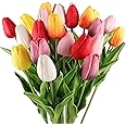 Beferr 18Pcs Tulips Artificial Flowers Faux Tulip Real Touch Tulip Fake Flowers Bouquets Arrangements for Mothers Day Spring Easter Wedding Home Table Decor