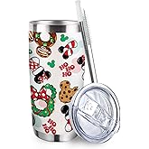 Zzkol Christmas Dessert Tumbler with Lid and Straw, Xmas Donut Wreath Stocking Stainless Steel Travel Coffee Cup, Winter New Year Holiday Gifts, 20oz Double Wall Vacuum Insulated Mug