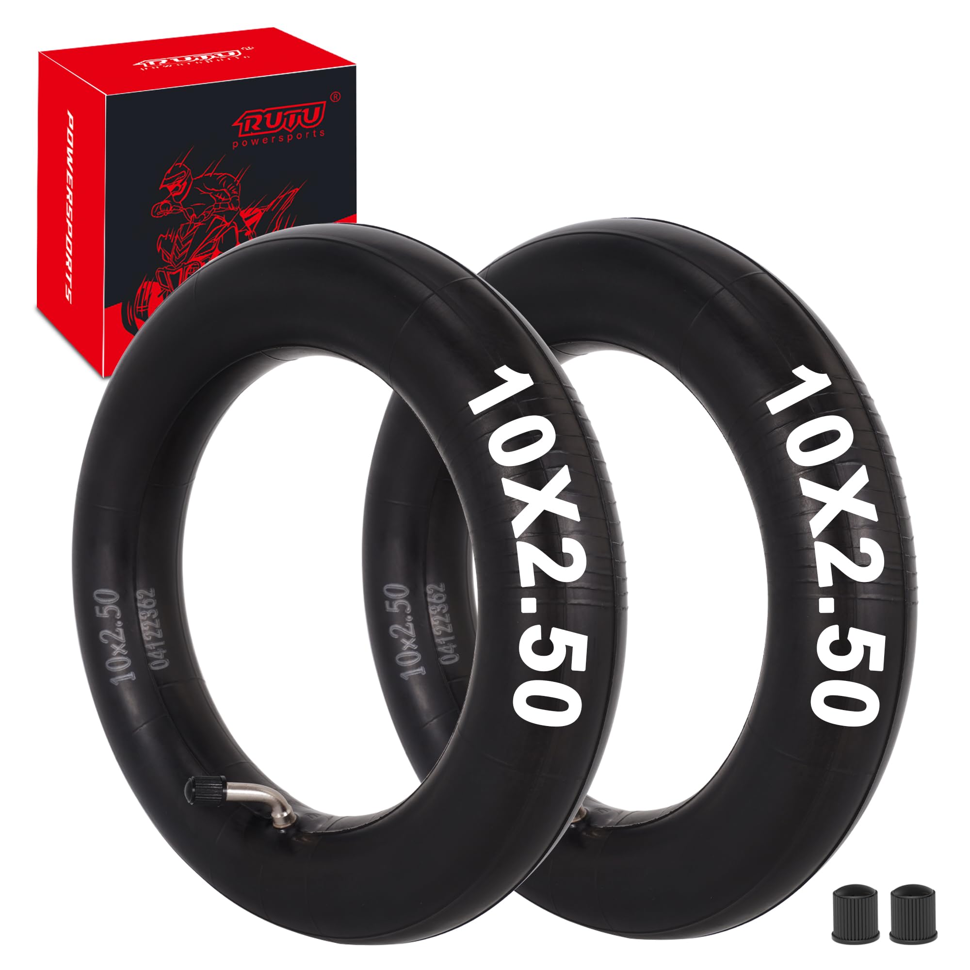 RUTU 10x2.50 Inner Tubes - 10" Scooter Tube Set Compatible with Electric Scooter, Smart Self-Balance Scooters & Boards - Butyl Rubber Tubes with TR87 Bent Air Valve & 4 Dust Caps - Pack of 2