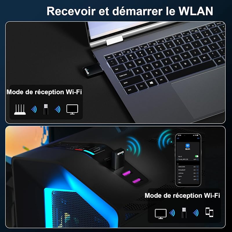 Clé WiFi Puissante AX900, Adaptateur USB Wi-FI pour PC, Dongle WiFi, Double Bande 5G/2.4G, Soft-AP, MU-MIMO, Windows7/10/11, U11