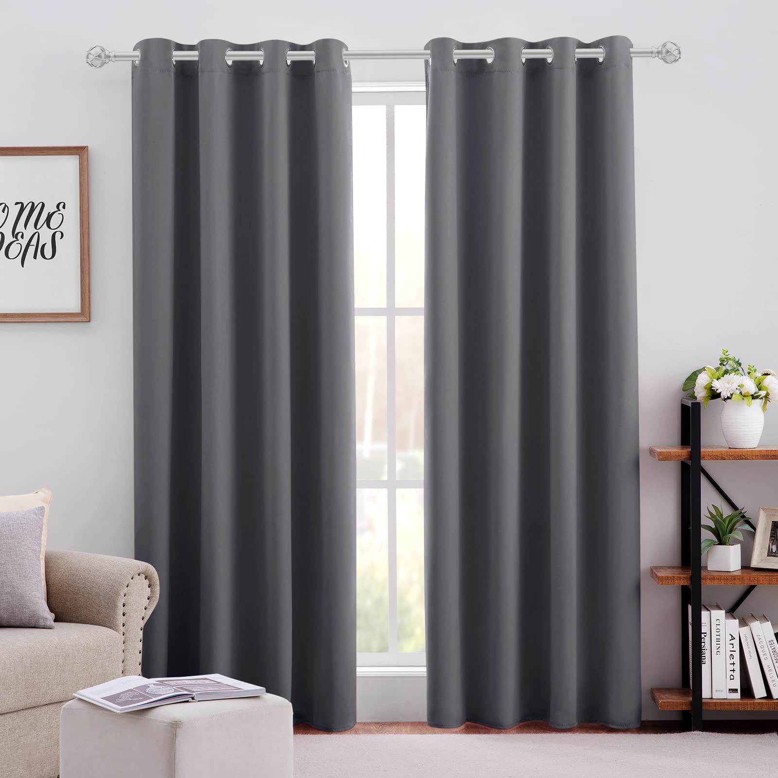 HOMEIDEAS Grey Blackout Curtains 2 Panels 52 X 96 Inch Drop Room Darkening Eyelet Curtains for Bedroom Living Room, Thermal Insulated Light Blocking Window Drapes