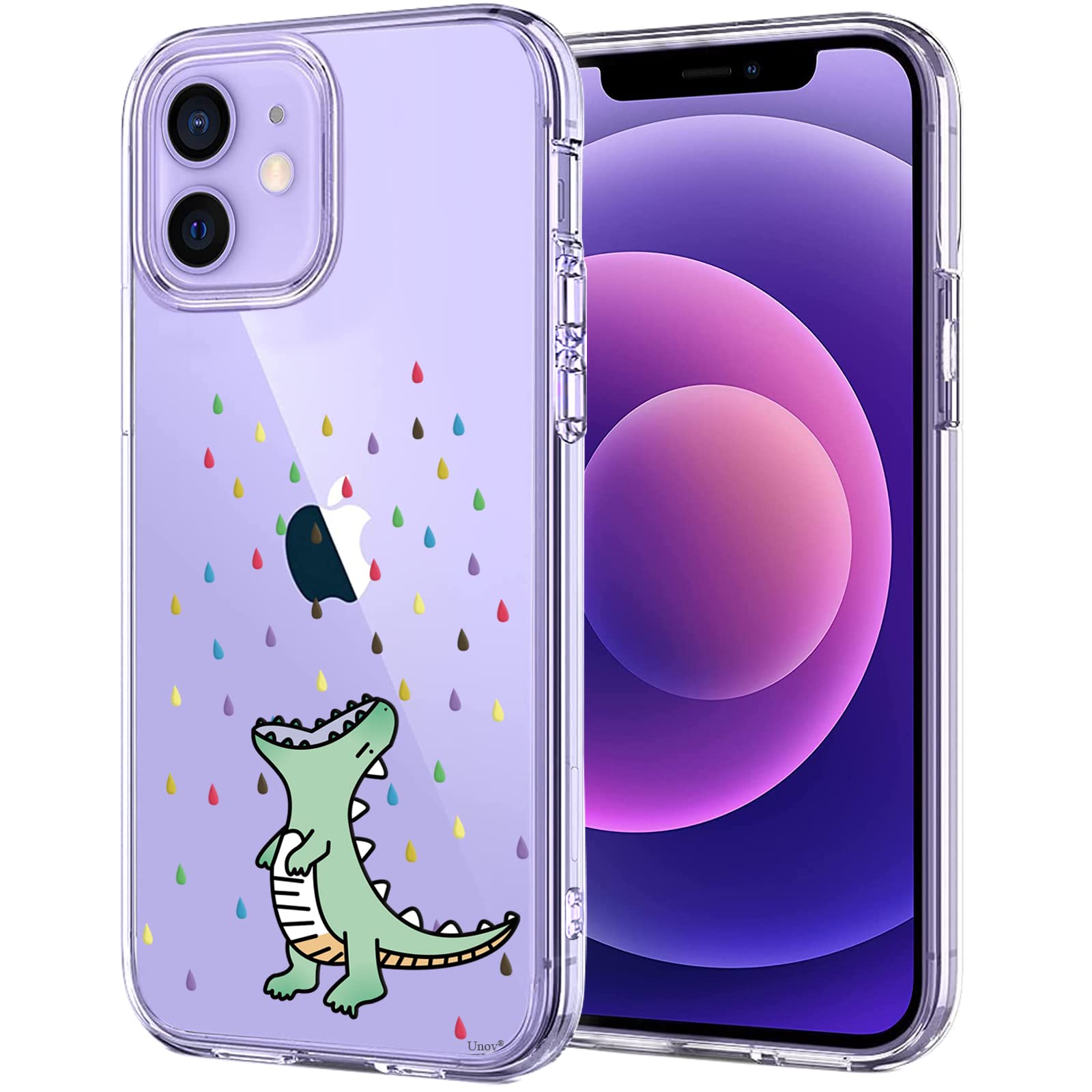 Unov Case Compatible with iPhone 12 iPhone 12 Pro Case Clear with Pattern Slim Protective Soft TPU Bumper Embossed Design 6.1 Inch (Rainbow Dinosaur)