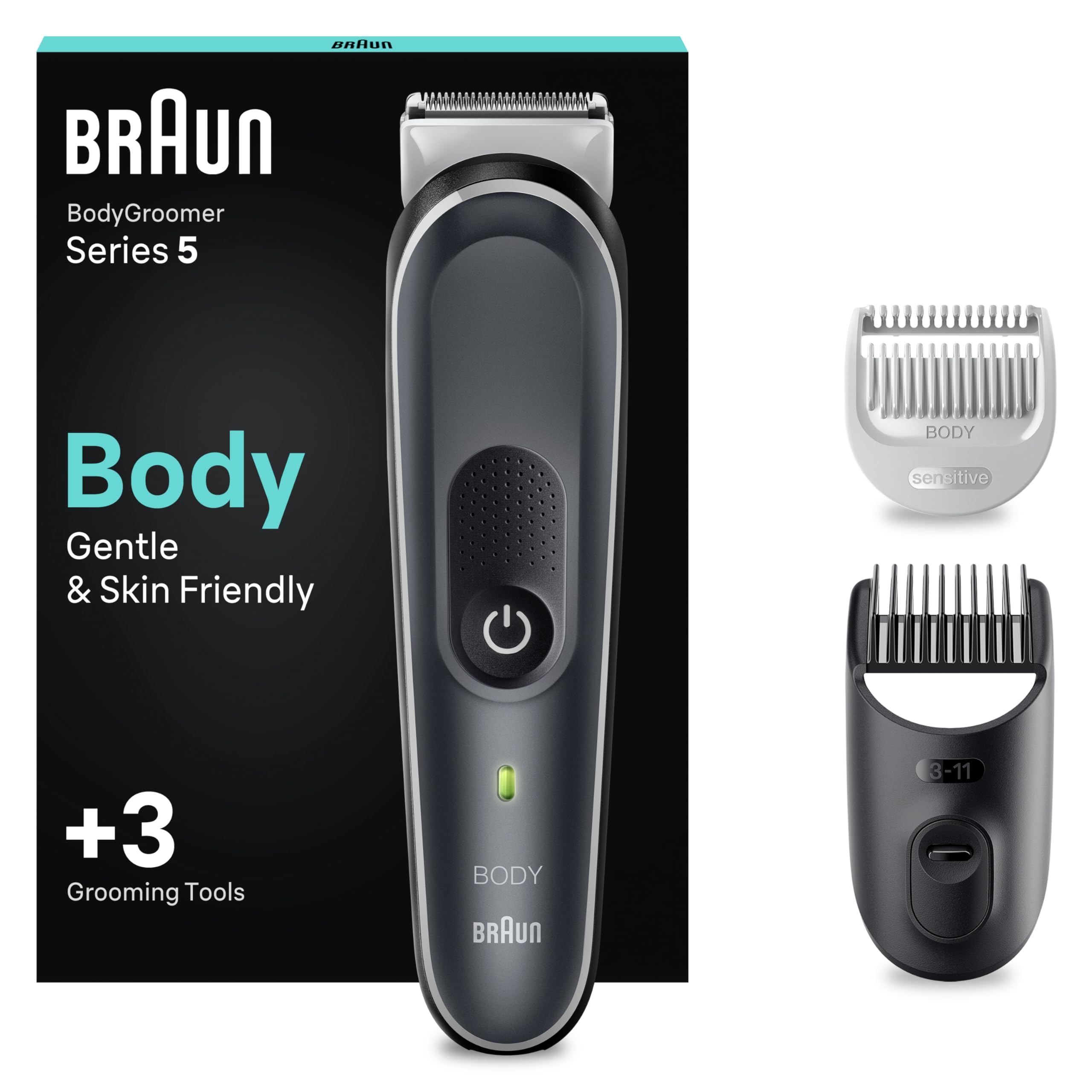 Braun Body Groomer 5, Manscape Tool for Men with SkinShield Technology, Sensitive Comb, Wet & Dry, 100% Waterproof, UK 2 Pin Plug, BG5350, Grey/White