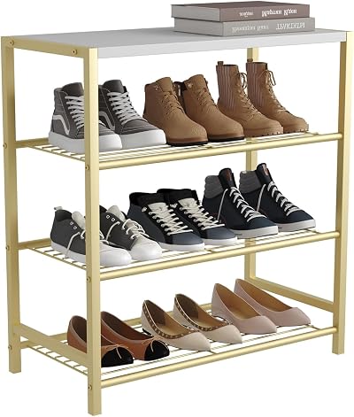 HOME BI 4-Tier Metal Shoe Rack with MDF Top Gold Storage Organizer