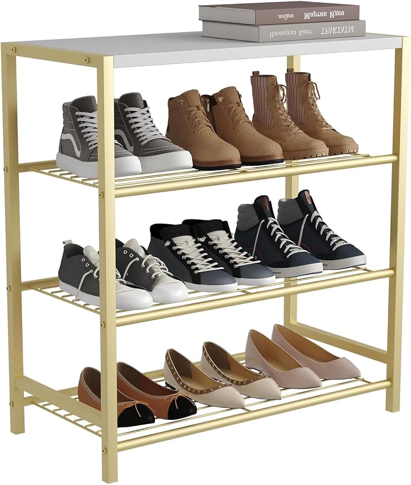 HOME BI 4-Tier Metal Shoe Rack with MDF Top Gold Storage Organizer