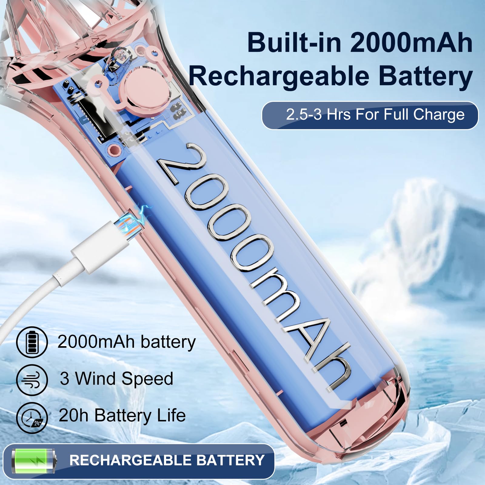 QQT Mini Handheld Fan, Small Personal Fan with 3 Speeds, Portable Battery Operated, USB Rechargeable Makeup Eyelash Dryer, Strong Airflow for Travel, Office, Outdoor, Women, Men, and Kids(Pink)