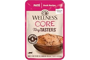 Wellness CORE Tiny Tasters Pate Adult Wet Cat Food, Natural, Protein-Rich, Grain Free, 1.75-Ounce Pouch, 12 Pack, (Duck)