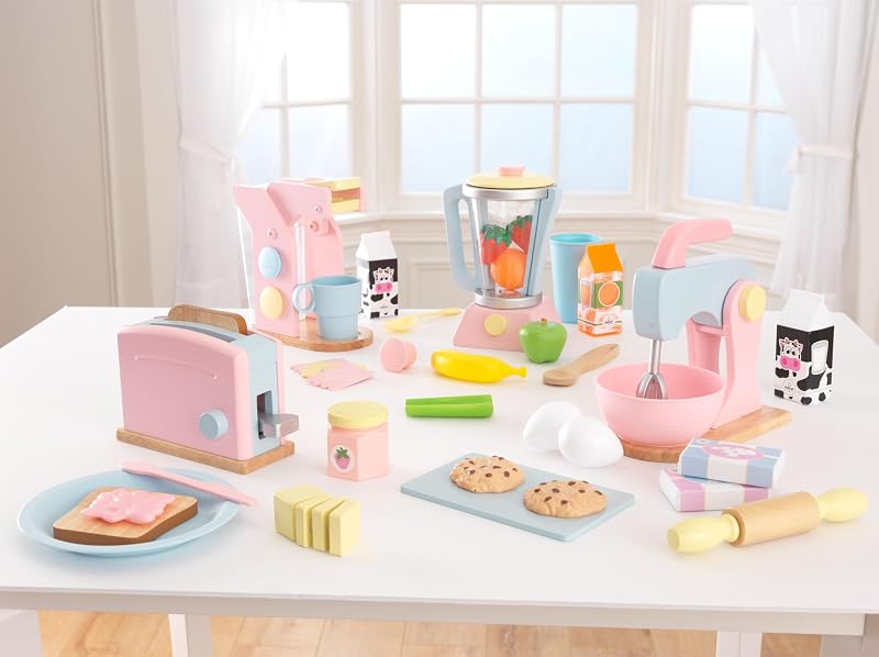 Pastell Toaster Spielset aus Holz für Kinderküche mit 2 Scheiben Brot mit Sandwichfüllung, Spielküche Zubehör, Spielzeug für Kinder ab 3 Jahre, 63374