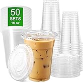 APSIC Clear Plastic Cups with Flat Lids, 50 Sets 16oz (100-Piece) Disposable PET Crystal Party Cups, Ideal for Iced Coffee, Smoothie, Milkshake, Juice, Dessert, To-Go Drinks and Cold Beverages