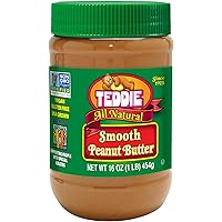 Teddie All Natural Peanut Butter, Smooth, Gluten Free & Vegan, 16 Ounce Plastic Jar (Smooth, Pack of 4)