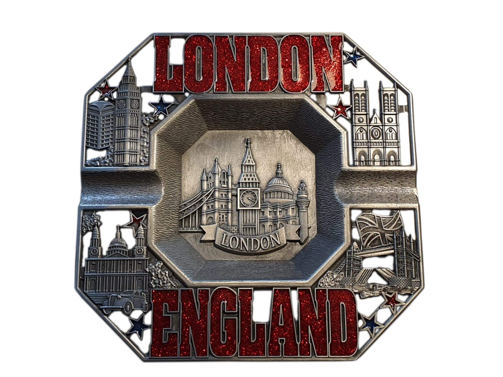 Metal Ashtray, Red London England with London Skyline in The Middle and Tower Bridge, St Paul's etc on The 4 Corners