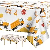 2 Pack Construction Table Cloth - Dump Truck Tablecloth, Plastic Disposable Rectangle Yellow Trucks Themed Table Cover for Construction Birthday Party Supplies Tables Decorations Favors, 87 x 51 Inch