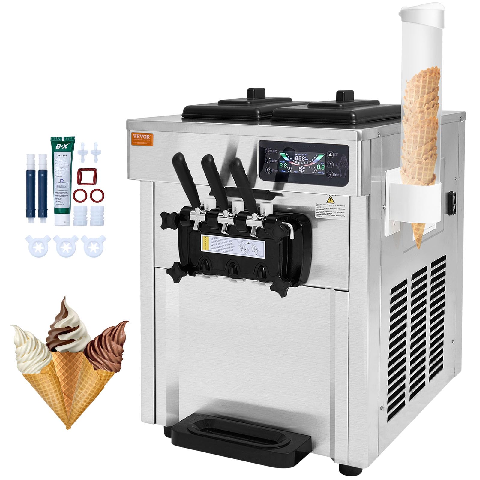 Photo 1 of VEVOR Commercial Ice Cream Machine, 18-28 L/H Yield, 1850W 3-Flavor Countertop Soft Serve Ice Cream Maker, 2 x 5.5L Stainless Steel Cylinder, LED Panel Auto Clean Pre-cooling, for Restaurant Bars