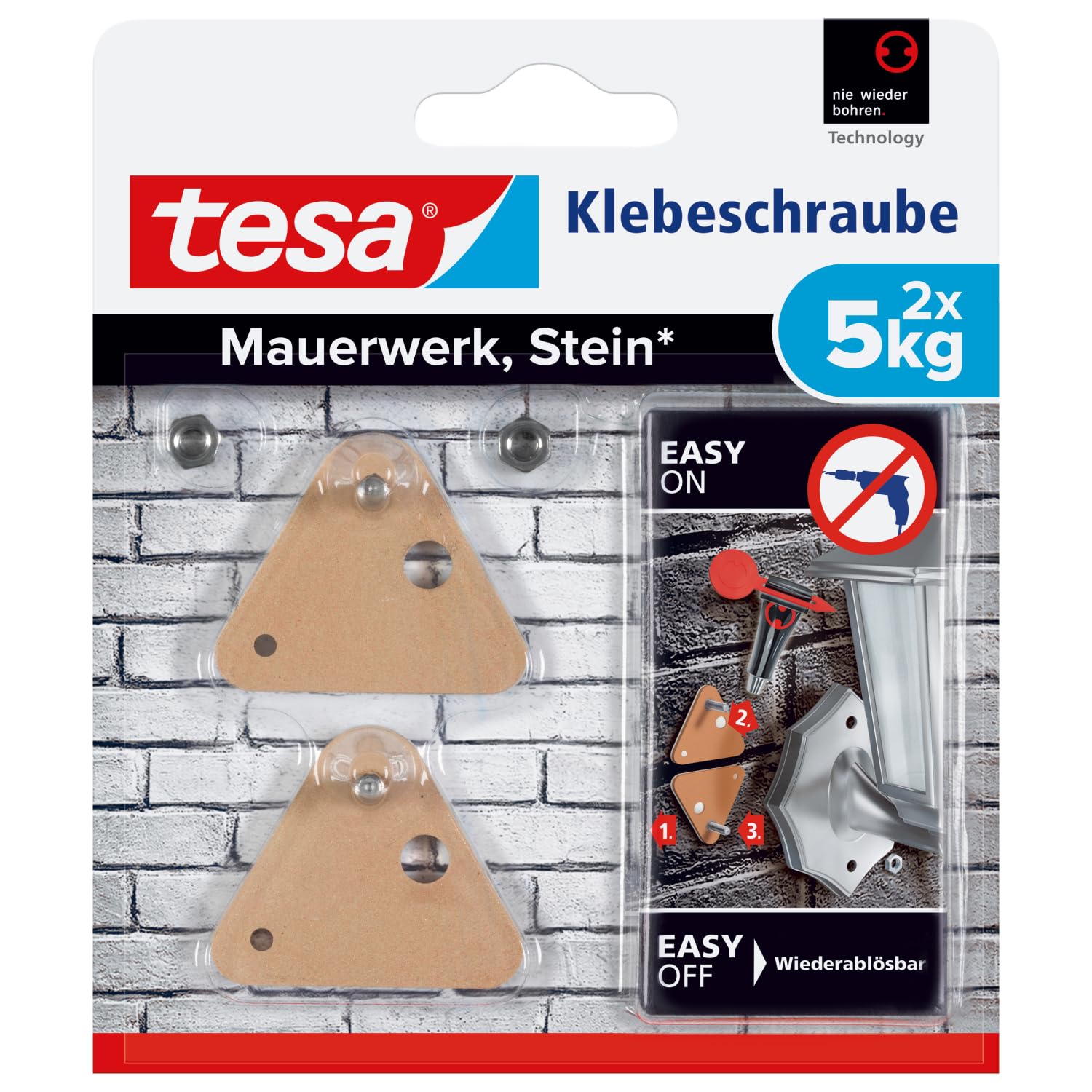 Tesa Adhesive Screw for Masonry and Stone, Holding Capacity 5 kg, Pack of 2, 77904-00000-00