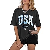 MAXIMGR USA Shirts for Women 4th of July Tops Oversized American Flag T-Shirt Funny Memorial Day Short Sleeve Tees