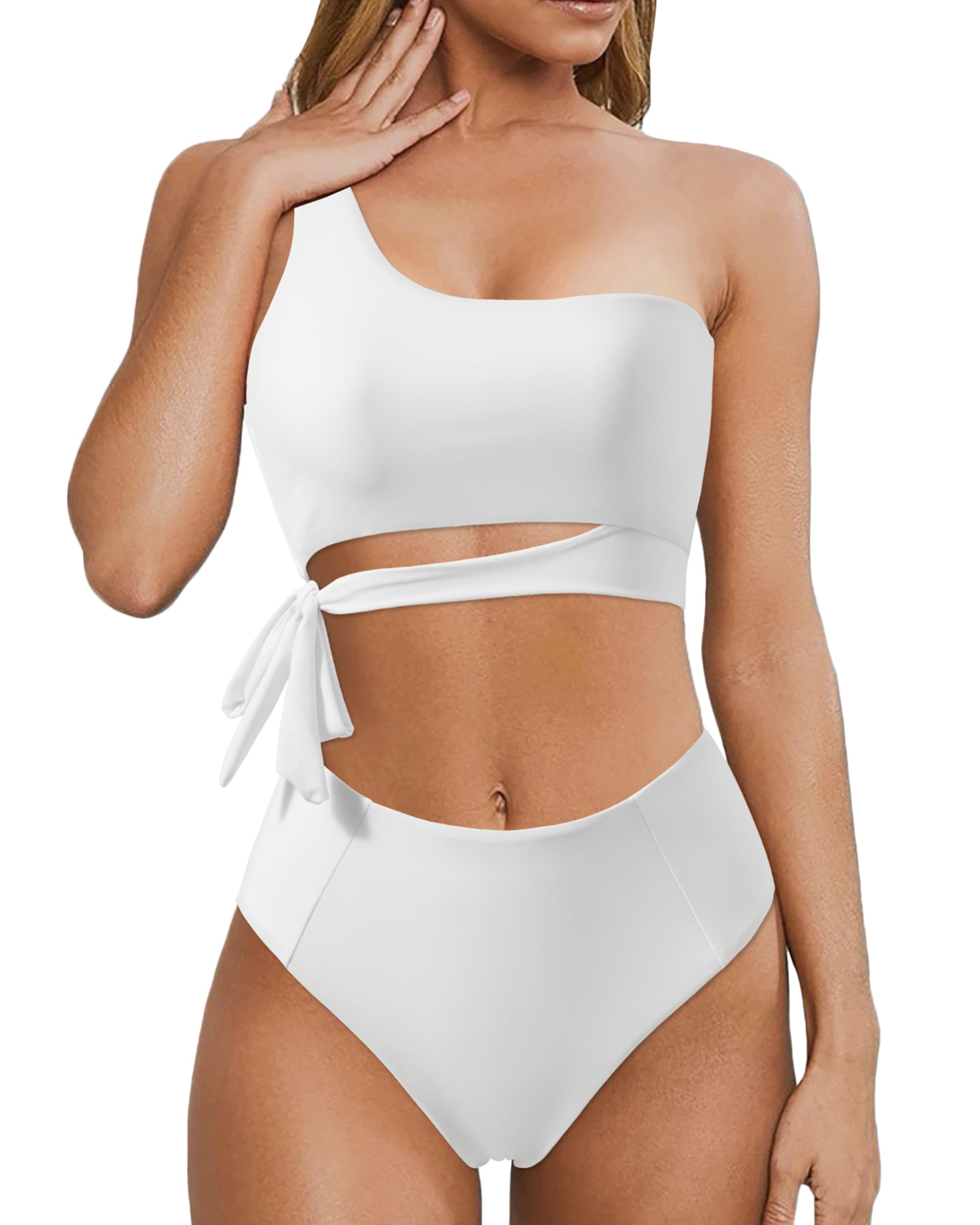 Photo 1 of MOOSLOVER Women One Shoulder High Waisted Bikini Tie High Cut Two Piece Swimsuits(S,White)