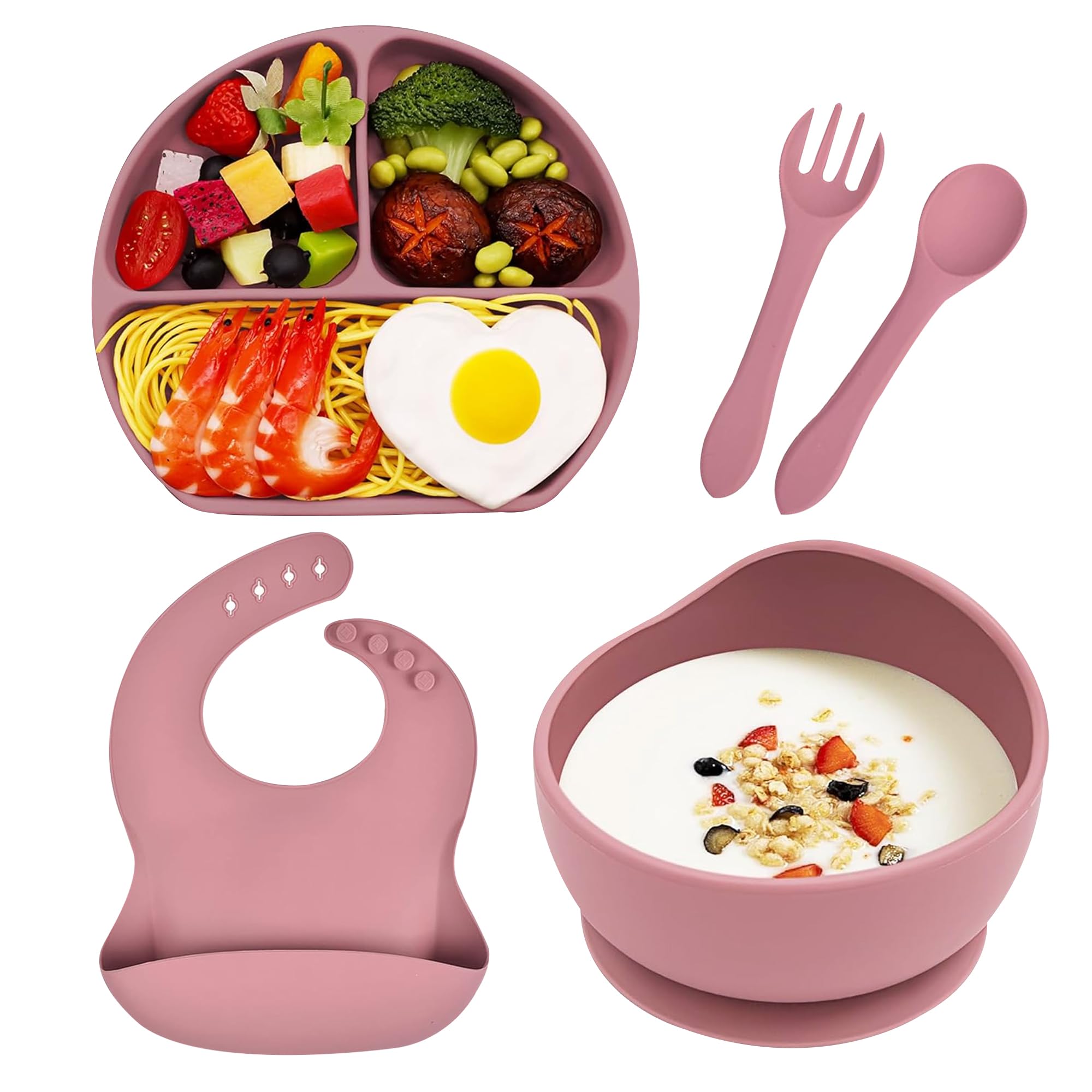 Hoseay Baby Weaning Set, 5 Pcs Silicone Baby Feeding Set with Suction Bowl Plate Fork Spoon Adjustable Bib Baby Led Weaning Feeding Supplies BPA Free Baby Plate Set for Kids Toddlers, Pink