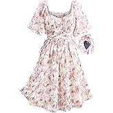 ROSE GAL Women Plus Size Boho Floral Milkmaid Dress Cinched Ruched Square Neck Flutter Sleeves Cottagecore Dress with Pocket(Pink_1/5X)
