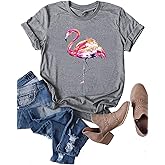 IHAOIZ Women's Short Sleeve Round Neck Loose Cute Animal Flamingo Print Tee T-Shirt Top