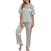Silk Pajamas for Women Set Short Sleeve Sleepwear Button Down Shirt with Long Pants 2 Piece Striped Soft Pj Set