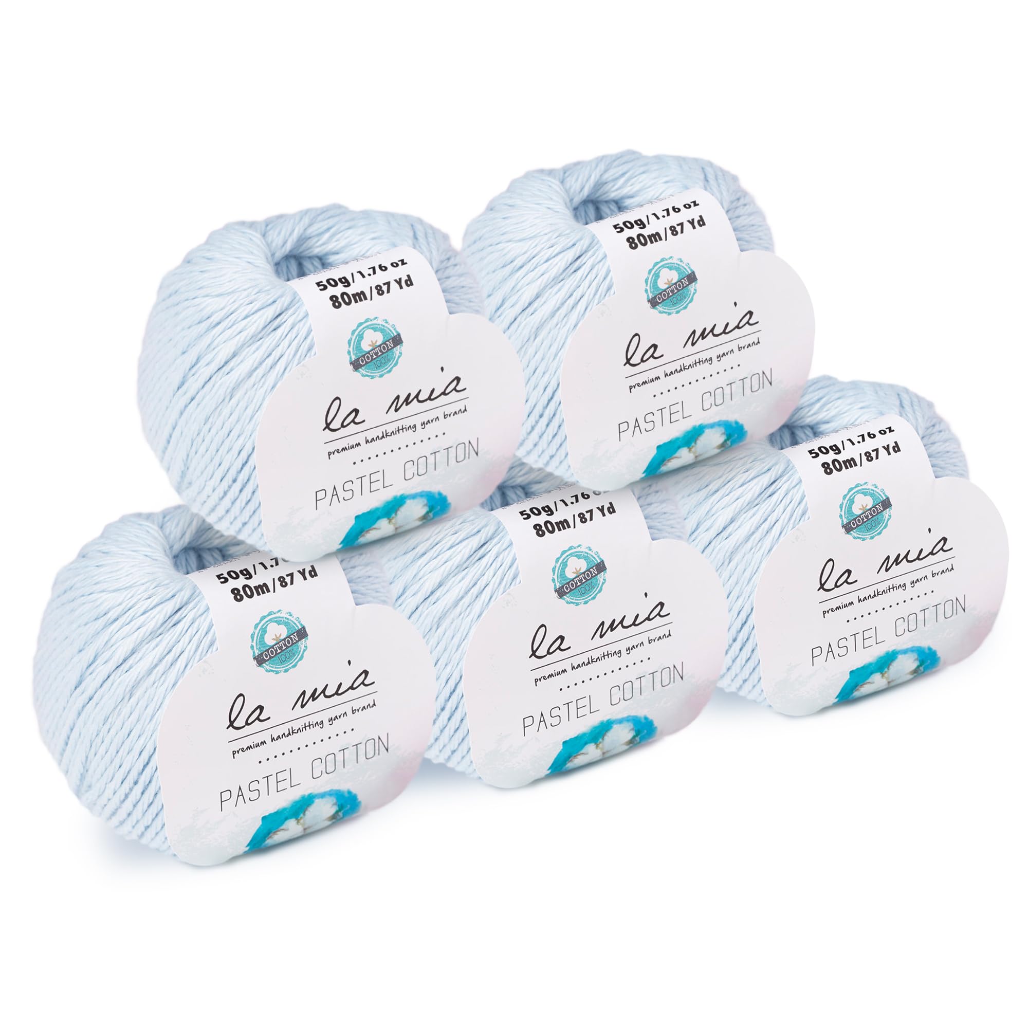 5 Ball Lamia Pastel 100% Cotton Total 8.8 Oz, Each 87 Yrds (80 m) - 1.76 oz (50g) Soft, Worsted, Afghan, Aran Pastel Cotton Yarn, Pastel-Blue - L054