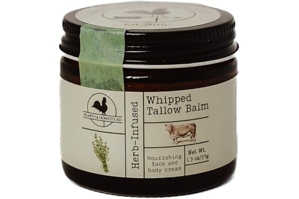 Hearth and Homestead: Handmade Whipped Tallow Balm (Unscented/Herb-Infused) - Organic Body Butter with Infused Olive Oil, for Eczema, Rosacea, Baby - 1.3 oz