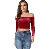Allegra K Women's Velvet Top Off Shoulder Casual Solid Blouse Long Sleeve Crop Top