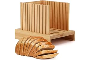 CEOJPA Bamboo Bread Slicer for Homemade Bread, Adjustable Width Bread Slicing Guides with Sturdy Wooden Cutting Board, Compact and Foldable - Makes Cutting Bagels or Even Bread Slices Easy