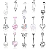 15Pcs Pink Heart Belly Button Ring Piercing 14G Surgical Stainless Steel Navel Piercing Jewelry CZ Opal Pearl Butterfly Clicker Belly Button Rings for Women Gold/Silver