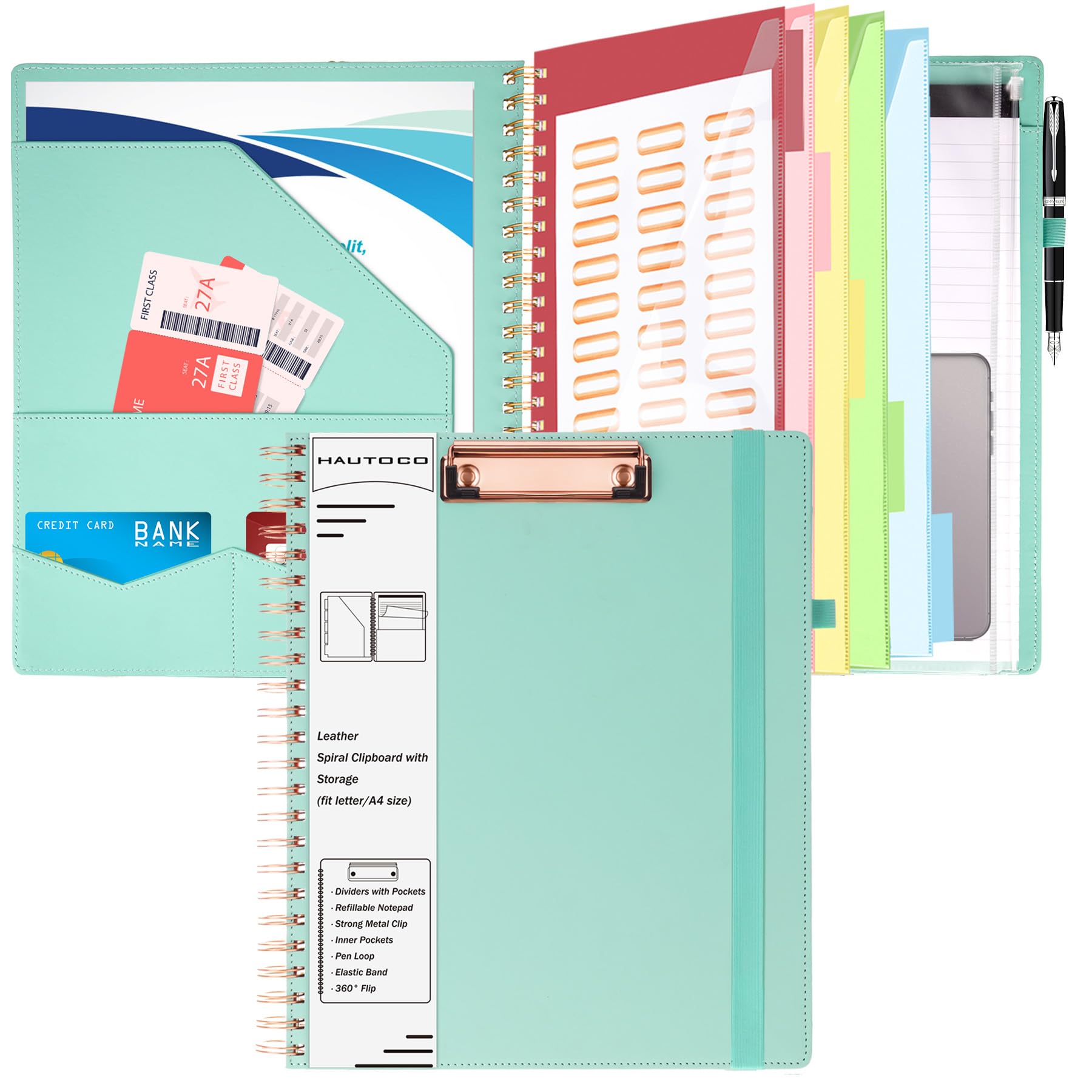 HAUTOCO Clipboard Folder with Storage Zip Bag, Spiral Clipboard Folio with Refillable Lined Notepad, 5 Folders Dividers with 10 Pockets, Leather Clip Board Portfolio Folder for Office School, Blue — image 1