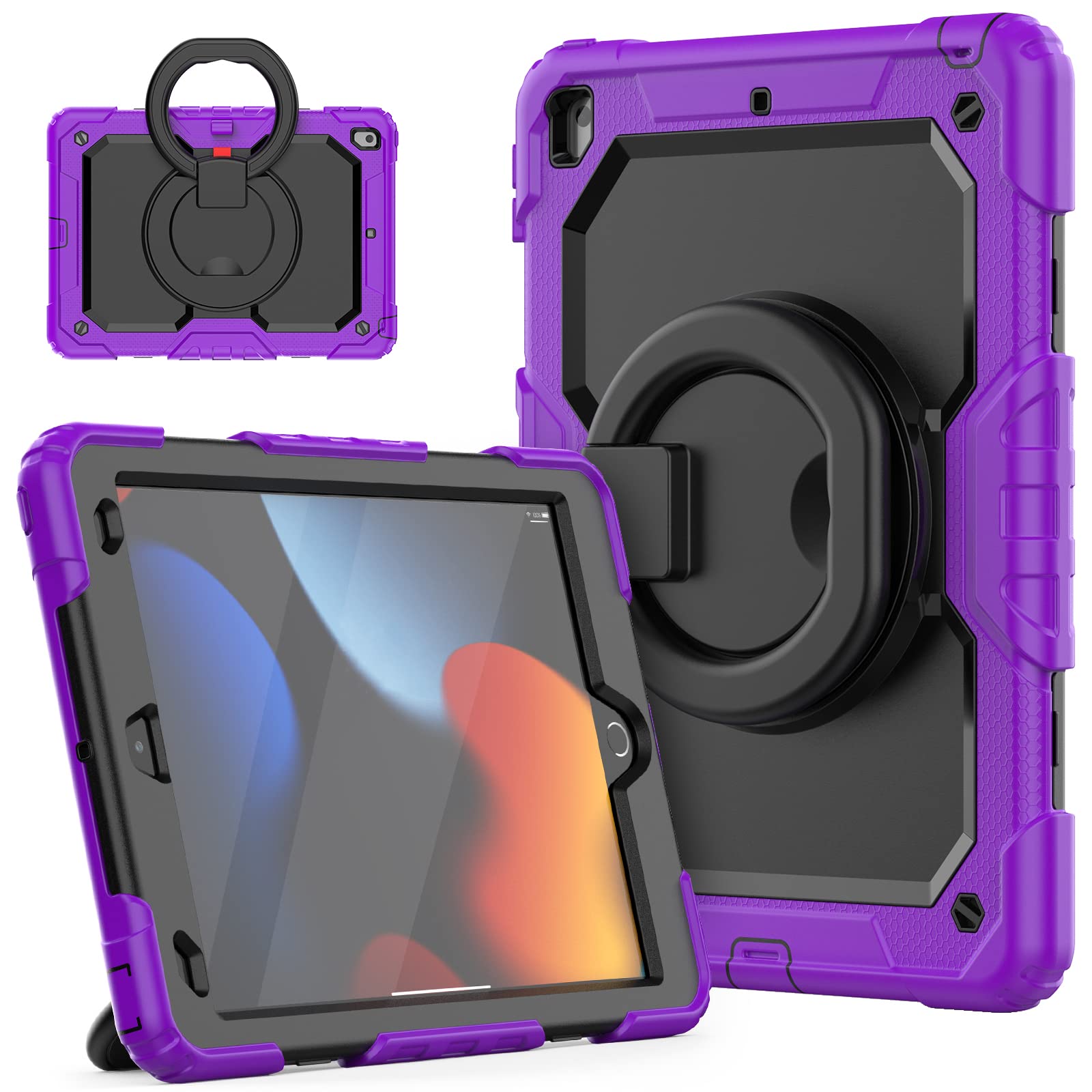 HUEZOE Case for iPad 10.2 Inch, Model 2021/2020/2019 Shockproof Full Body Protective Cover with 360 Degree Rotating Stand Shoulder Strap for iPad 9/8/7, Purple