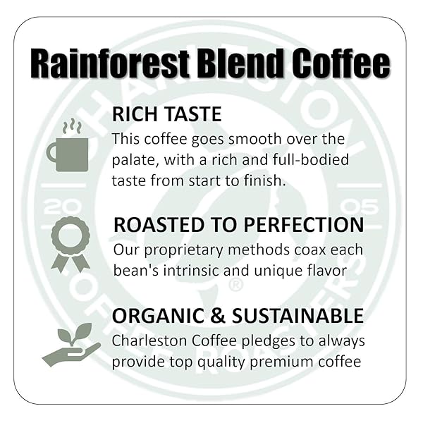 CHARLESTON COFFEE ROASTERS | SPECIALTY ORGANIC GROUND COFFEE | HAND PICKED, PREMIUM SLOW ROAST (RAINFOREST BLEND, DARK ROAST) 12OZ