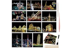 AP ARTSPER Magic Scratch Art Paper(7.9"x5.5") Rainbow Landscape Engraving Art Mini Scratchboard DIY Pads for Adults and Kids, Crafts Set: 12 Sheets Scratch Postcard Cards & Drawing Pens, Brush (Building Series)