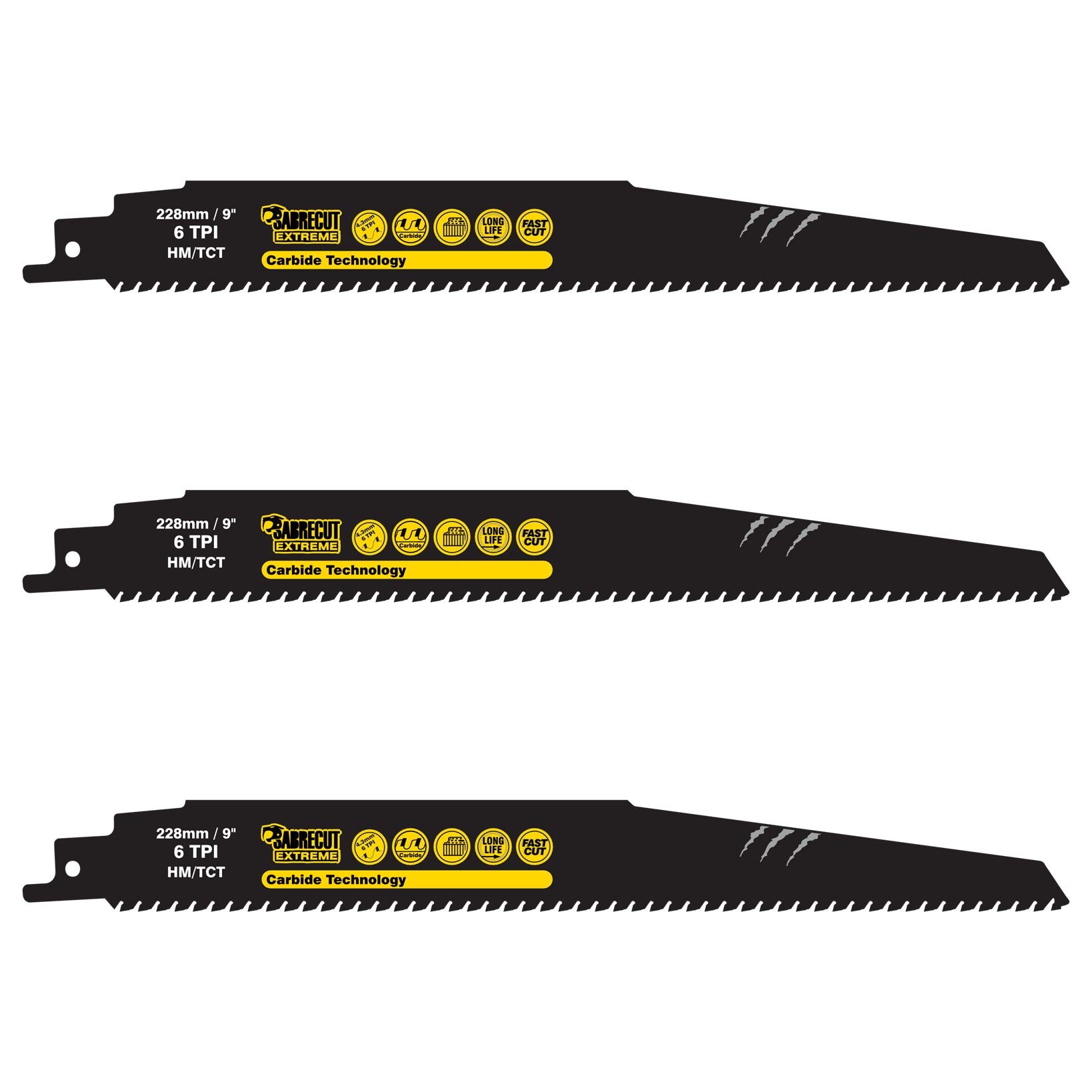 3 x SabreCut SCRS1140HM_3 Tungsten Carbide 228mm 6 TPI S1140HM Aerated Concrete Brick Plastic and Metal Straight Cutting Reciprocating Sabre Saw Blades