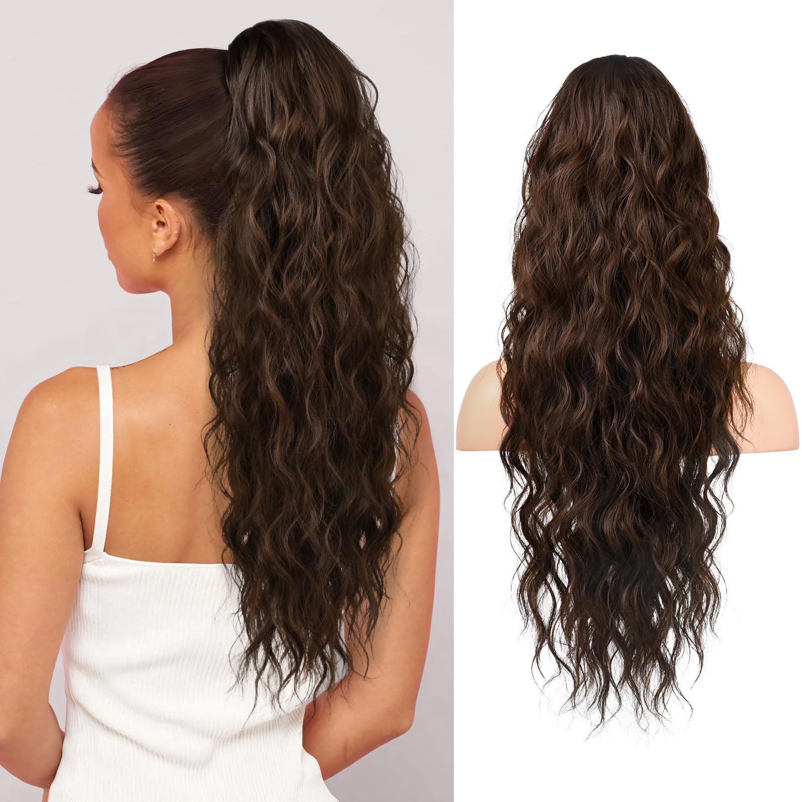 REECHO Ponytail Extension, 26" Long Beach Wave Drawstring Pony Hair Extension Synthetic Pony Tail Hairpiece for Women - Chocolate Brown