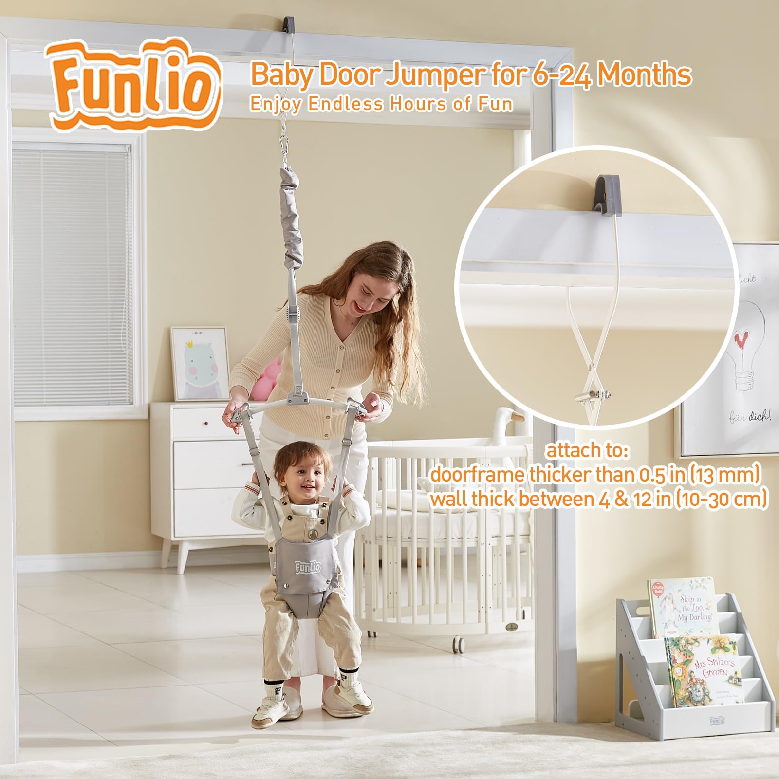 FUNLIO Baby Door Jumper for 6-24 Months (with Door Clamp), Baby Jumper Doorway with Strong Spring & Adjustable Strap, Portable Infant Baby Bouncer, Bearing 40 Lbs, CPC & CE Certified - Gray
