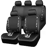 CAR PASS Leather Bling Diamond Car Seat Covers Full Set, Shining Rhinestone Waterproof Durable Rear with Zipper, Universal Fit Automotive Glitter Crystal Sparkle Strip for Cute Women Girly Black