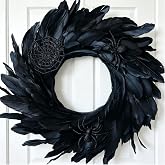 Egolot Halloween Black Feather Wreath for Front Door | Fall 14 Inch Halloween Black Wreath with Spider and Web for Indoor Outdoor Decor