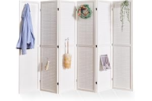 SVIMI Pegboard Display, 5.6Ft Wooden Room Divider Folding Privacy Screens Portable Freestanding Wall Organizer for Retail Craft Art Display Board (6panels, White)