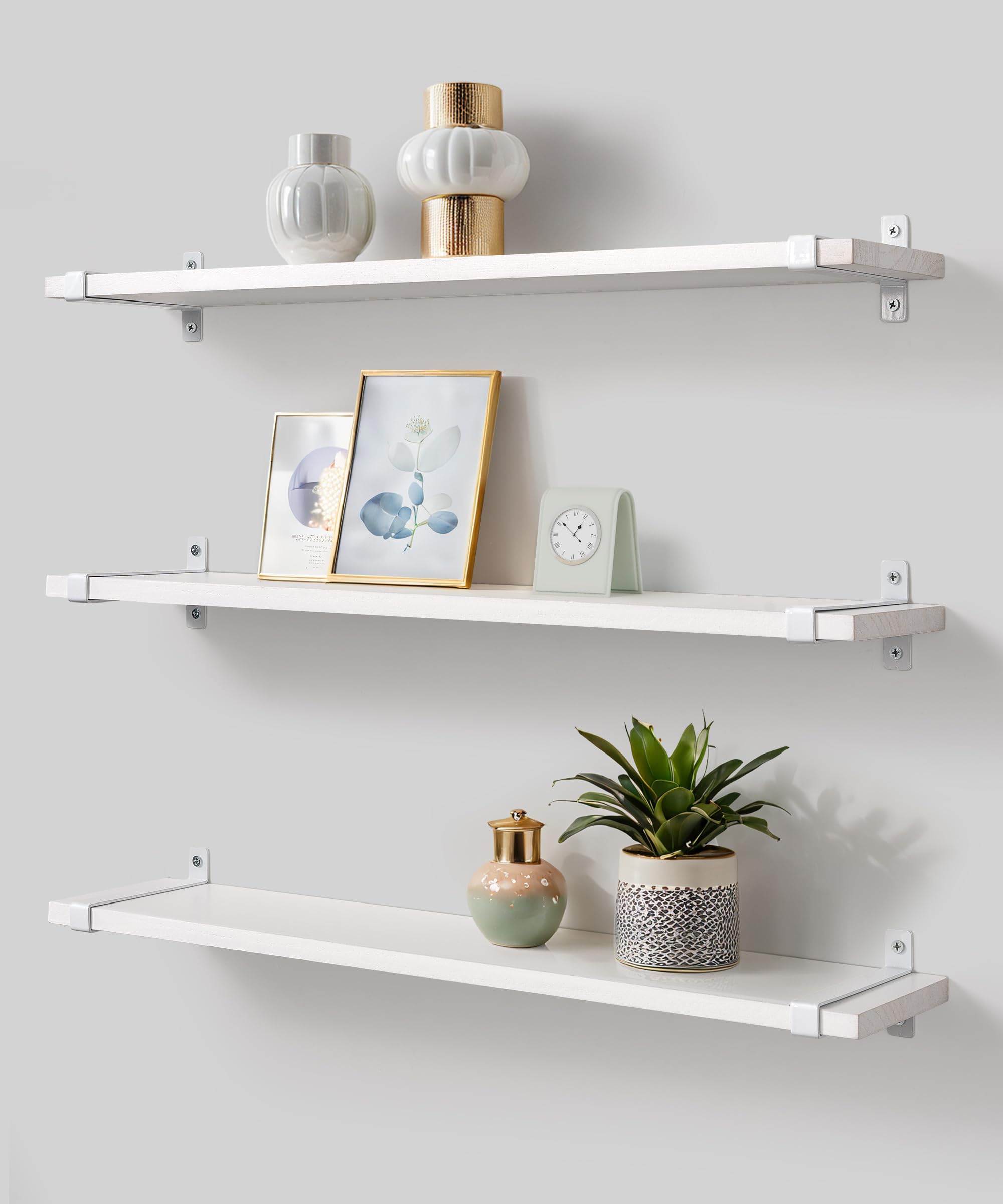 Gronda White Wall Mounted Shelves Long Floating Shelf 60CM Wall Display Shelves Organiser Decor Picture Narrow Shelf for Bedroom Living Room Bathroom Kitchen Office Set of 3 Modern White