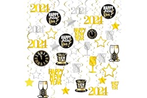 GOER 2024 New Year Festival Party Supplies 31 Pcs Hanging Swirl and Celebration Card,Gold and Black Party Supplies for 2024 New Year Eve Decorations