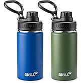 Mollcity Kids Insulated Water Bottle-12 oz Stainless Steel Sports Water Bottle Wide Mouth with Leakproof Spout Lid-Gift for Boy, 2 Pack (Navy-Grass Green)