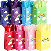 PINWATT 32 Pieces Rainbow Party Favor Bags with 32 Tissue Papers - 8.7'' Small Gift Bags with Handle for Party Supplies, Birthday, Wedding, Gifts and Celebrations Assorted 8 Colors