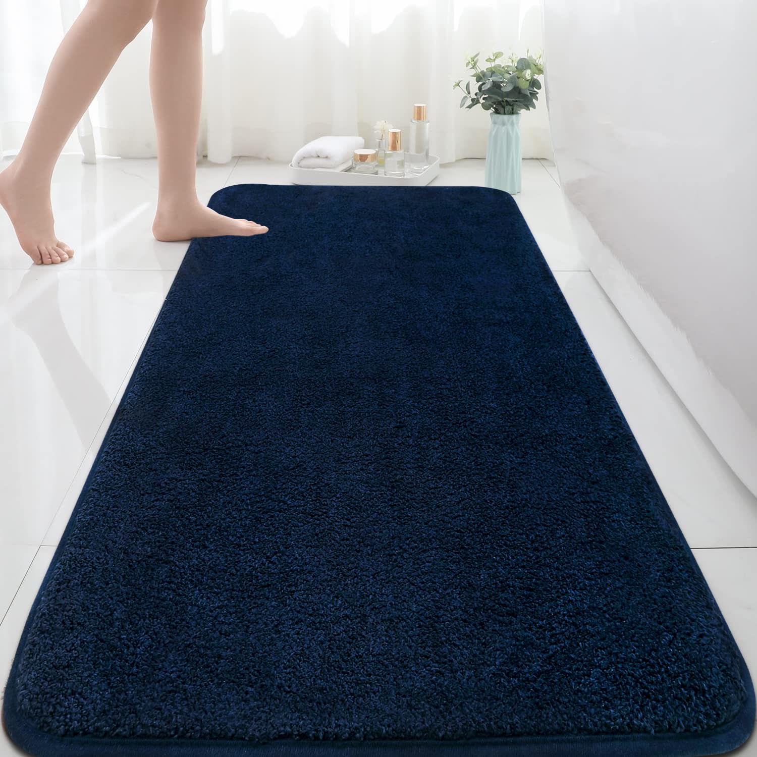 Rururug Extra Large Bath Mat, 150x60 cm Navy Blue Microfiber Bathroom Rug, Super Absorbent & Non-Slip, Anti Mould, Machine Washable for Bathroom and Bedroom
