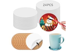 ANPUIMULT 24 Pcs Round Ceramic Tiles for Crafts 4x4 inches，Equipped with self Adhesive Cork mat, unglazed Ceramic Coasters for Crafts,Use with Alcohol Ink or Acrylic Pouring Make Your Own DIY Coasters