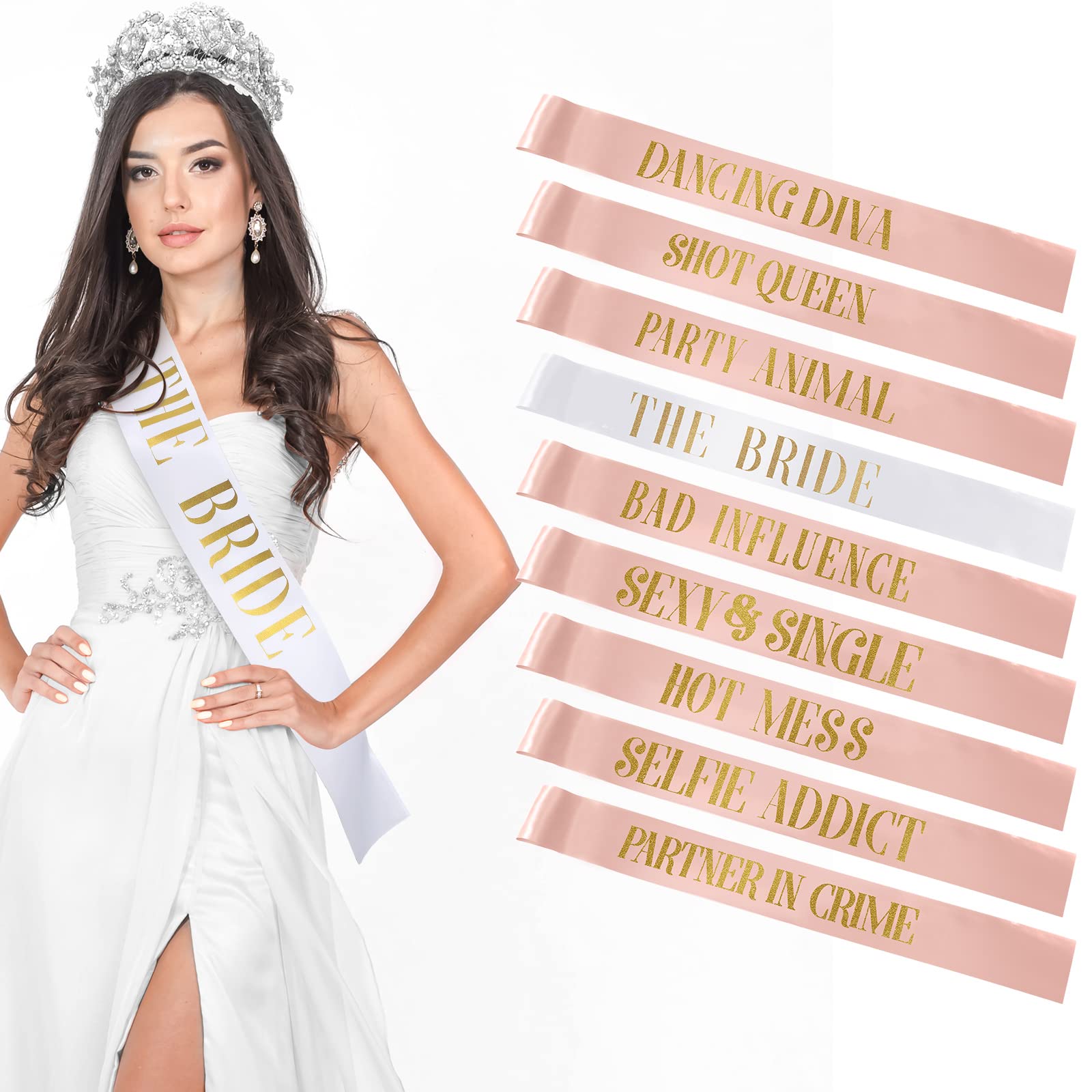 Photo 1 of LEIFIDE 10 Pack Bride and Bridesmaid Sash Set Wedding Bachelorette Funny Team Gifts Sash Decorations for Woman Bride Bridesmaid of Honor Party Supplies(Rose Gold, White)